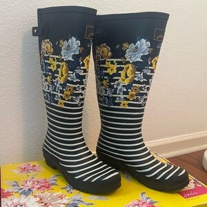 Joules Navy Floral and Stripe Rain Boots